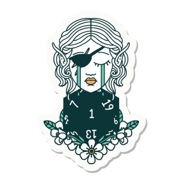 Ağlayan bir elf karakterinin çıkartması. Yüzünde doğal bir D20 rulosu var.