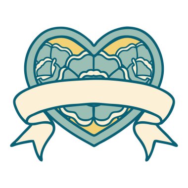 ikonik dövme stili bir kalp ve çiçekli pankart