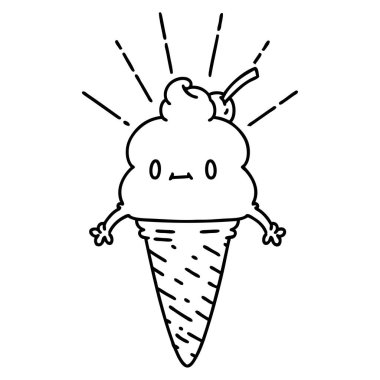 Geleneksel siyah çizgili dövmeli dondurma karakterinin çizimi