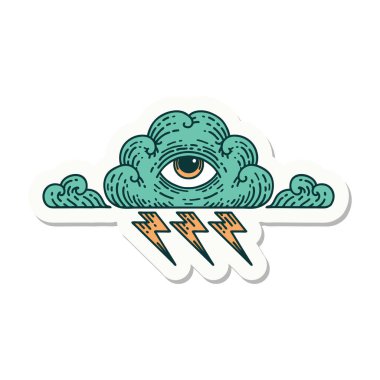 Her şeyi gören bir göz bulutunun geleneksel stiliyle dövme çıkartması.