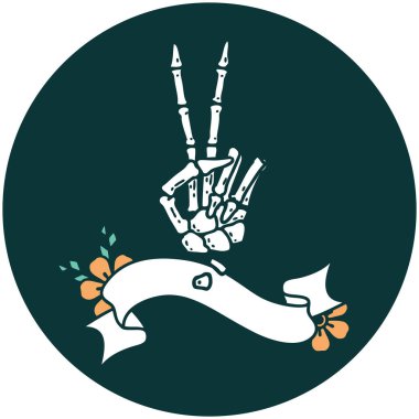 İskelet sancağına sahip dövme stili simgesi barış işareti veriyor 