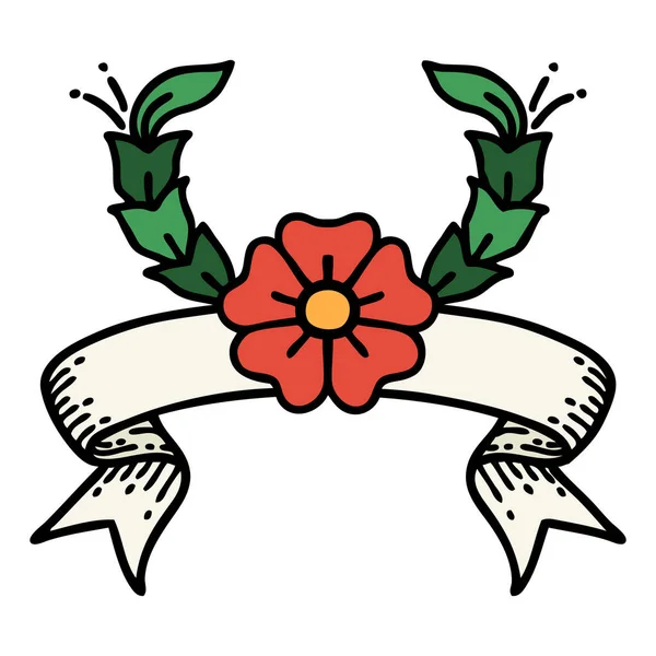 Tatuagem Tradicional Com Bandeira Uma Flor Decorativa —  Vetores de Stock