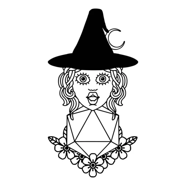 Black White Tattoo Linework Style Human Witch Natural Twenty Dice — Stock Vector