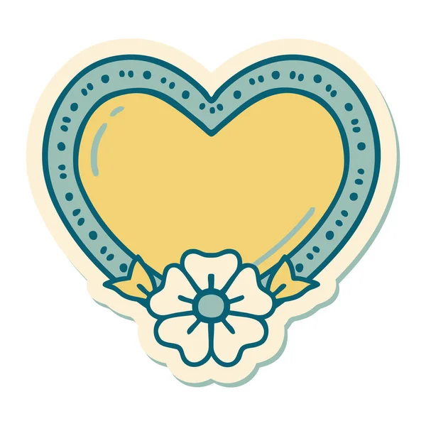 Pegatina Del Tatuaje Estilo Tradicional Del Corazón Flor — Vector de stock