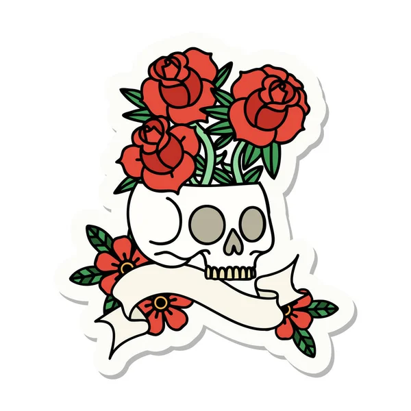 Tattoo Style Sticker Banner Skull Roses — Stock Vector