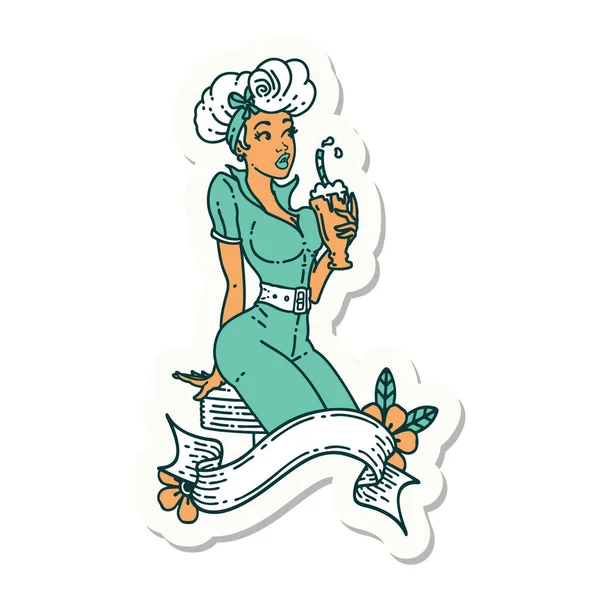 用传统风格画的纹身贴纸 上面写着一个小女孩喝着带有横幅的奶昔 — 图库矢量图片
