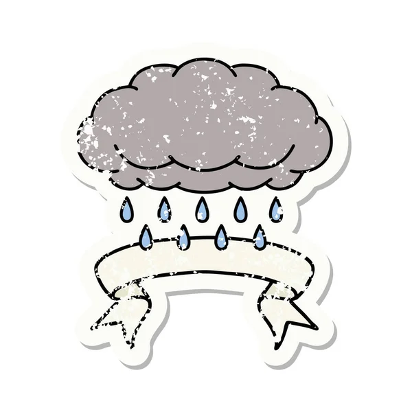 Vieux Sticker Usé Avec Bannière Nuage Pleuvant — Image vectorielle