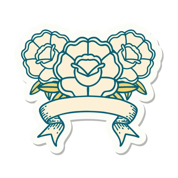 Tattoo Stijl Sticker Met Banner Van Een Boeket Bloemen — Stockvector