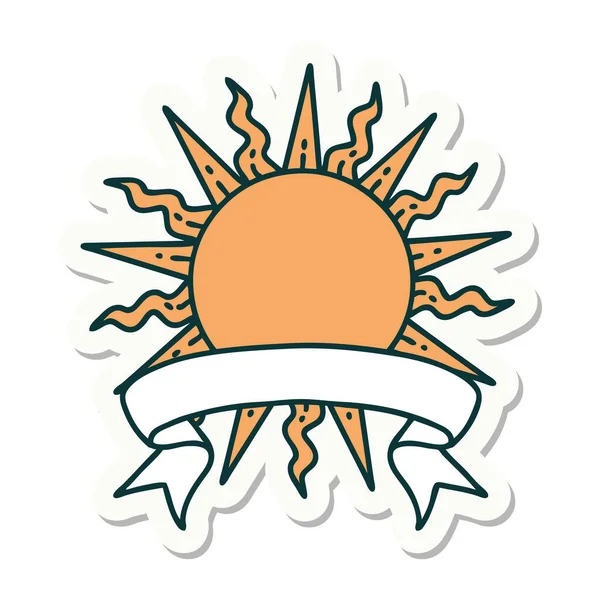 有太阳横幅的纹身风格贴纸 — 图库矢量图片