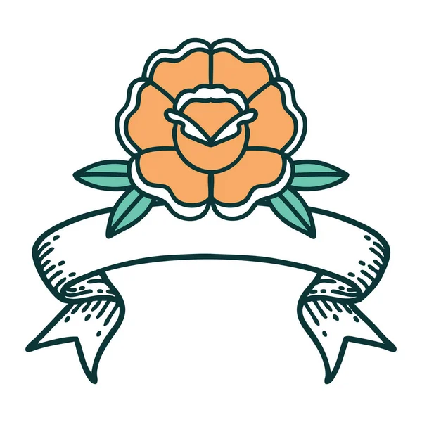 Tatouage Traditionnel Avec Bannière Une Fleur — Image vectorielle