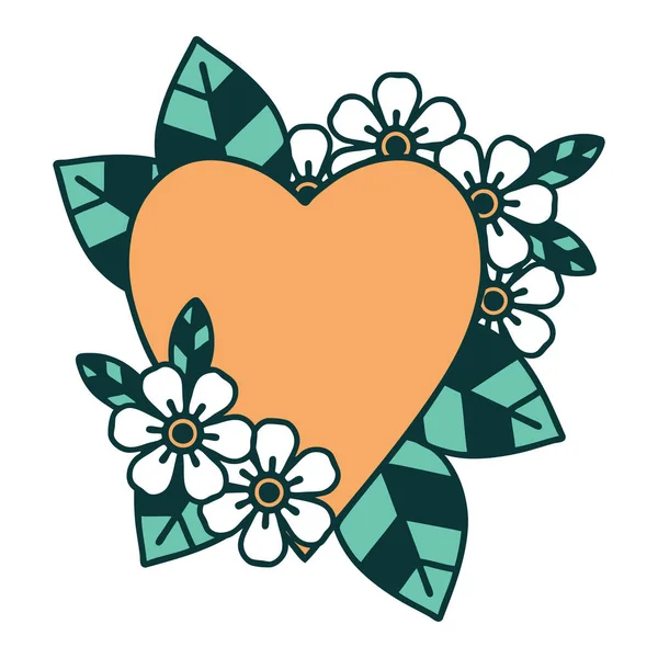Image Emblématique Style Tatouage Cœur Botanique — Image vectorielle
