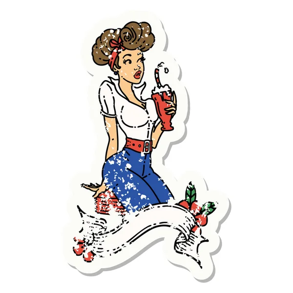 Стресова Наклейка Татуювання Традиційному Стилі Дівчини Яка Молочний Коктейль Банером — стоковий вектор