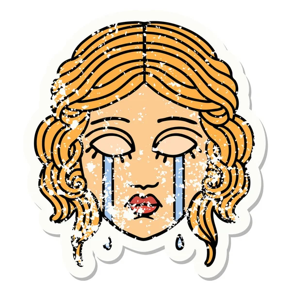 Distressed Sticker Tattoo Traditional Style Female Face Crying — Stock Vector