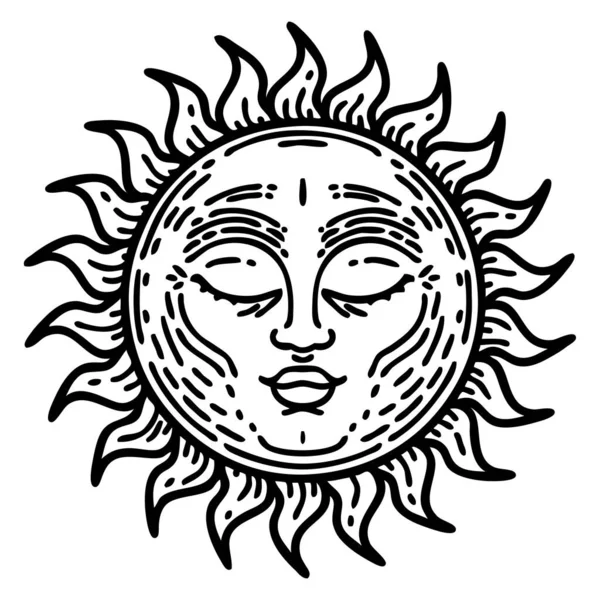 Татуировка Стиле Солнца Черной Линии — стоковый вектор