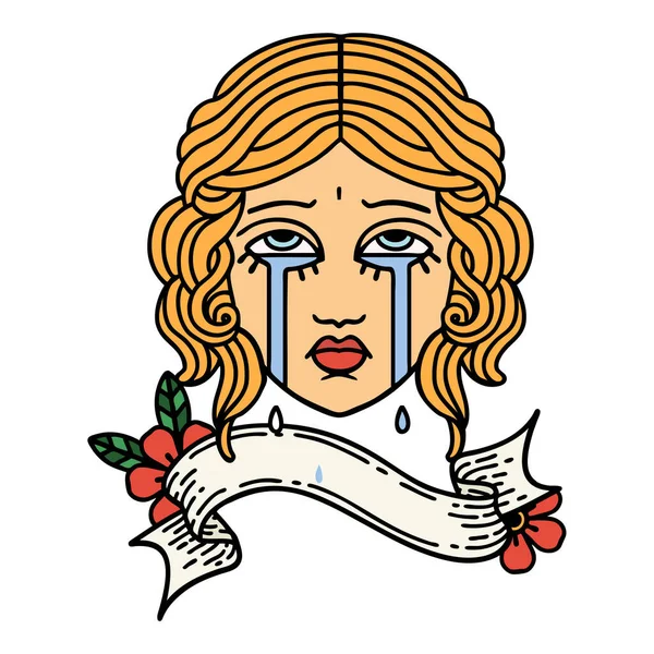 Traditional Tattoo Banner Female Face Crying — Stock Vector