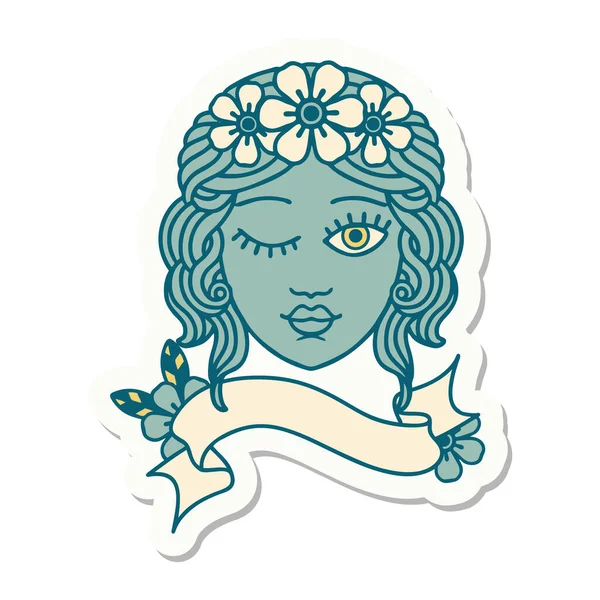 Autocollant Style Tatouage Avec Bannière Une Jeune Fille Face Clin — Image vectorielle