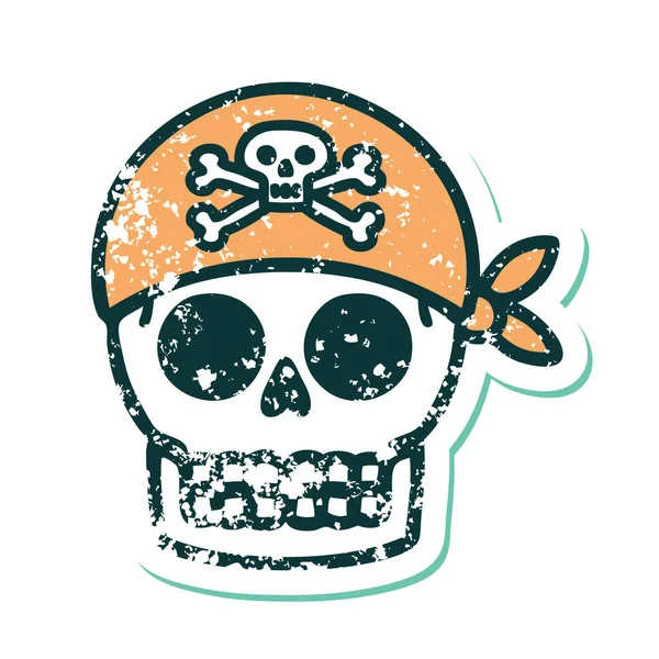 Emblématique Autocollant Affligé Tatouage Style Image Crâne Pirate — Image vectorielle