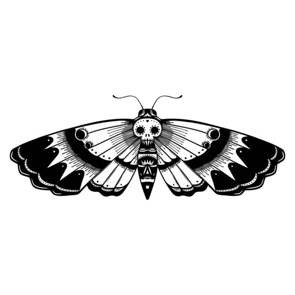 tattoo in black line style of a deaths head moth