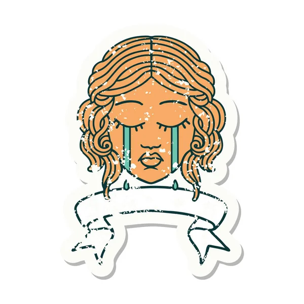 Vieil Autocollant Porté Avec Bannière Visage Féminin Pleurant — Image vectorielle