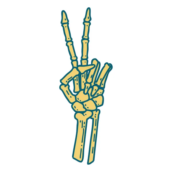 Εικονική Εικόνα Στυλ Τατουάζ Ενός Σκελετού Δίνοντας Ένα Σημάδι Ειρήνης — Διανυσματικό Αρχείο