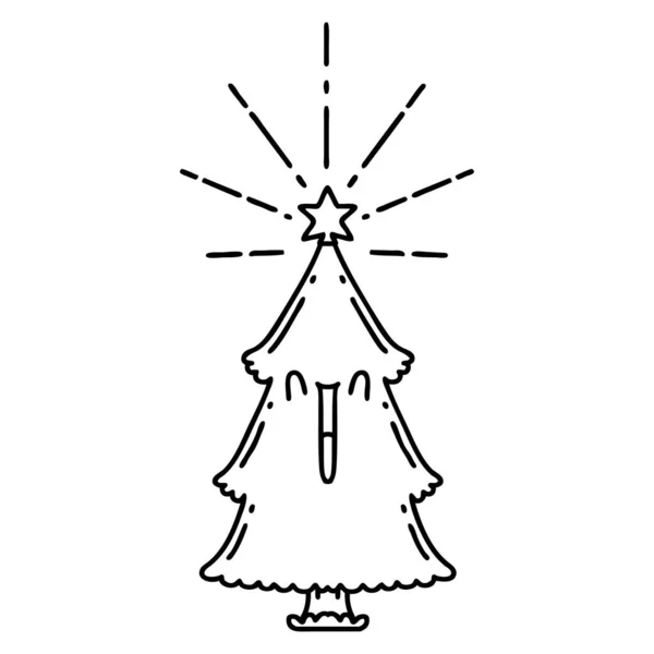 Illustration Traditional Black Line Work Tattoo Style Christmas Tree Star — Stock Vector