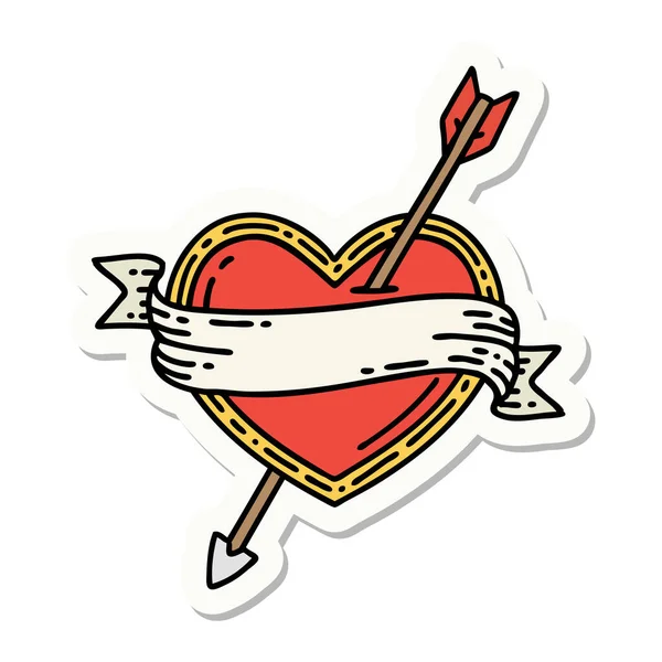 Etiqueta Engomada Del Tatuaje Estilo Tradicional Corazón Flecha Bandera — Vector de stock