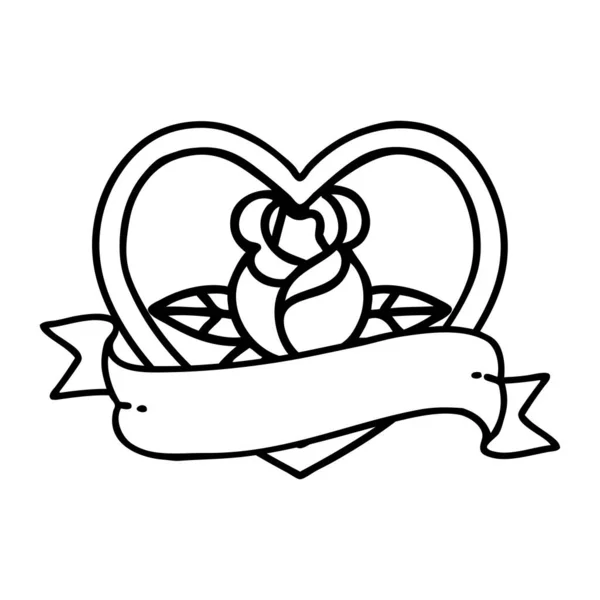 Tattoo Black Line Style Heart Rose Banner — Stock Vector