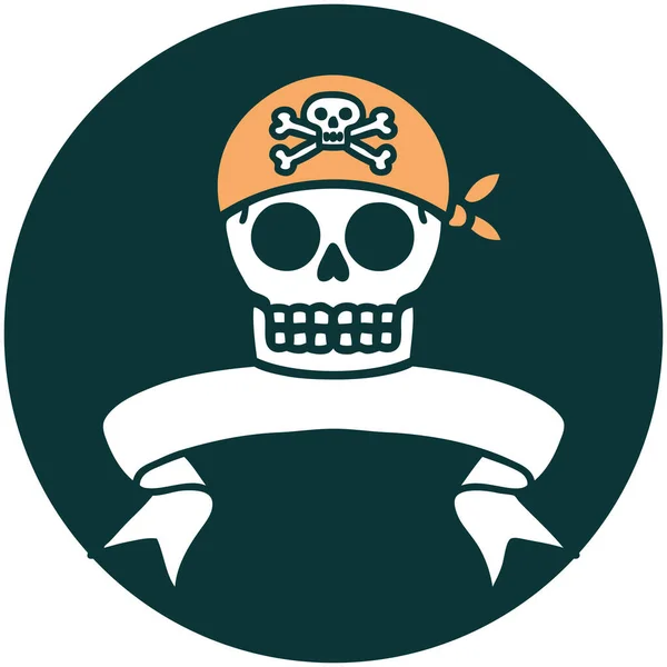 Icône Style Tatouage Avec Bannière Crâne Pirate — Image vectorielle