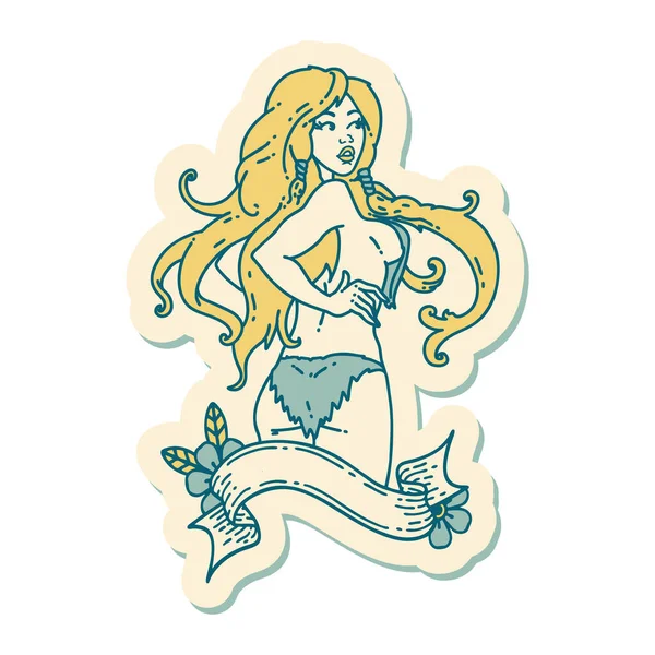 Sticker Tattoo Traditional Style Pinup Viking Girl Banner — Stock Vector