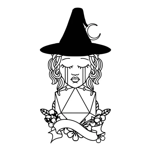 Black White Tattoo Linework Style Human Witch Natural One D20 — 스톡 벡터