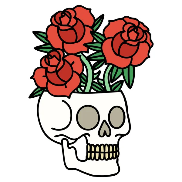 颅骨和玫瑰的传统文体纹身 — 图库矢量图片