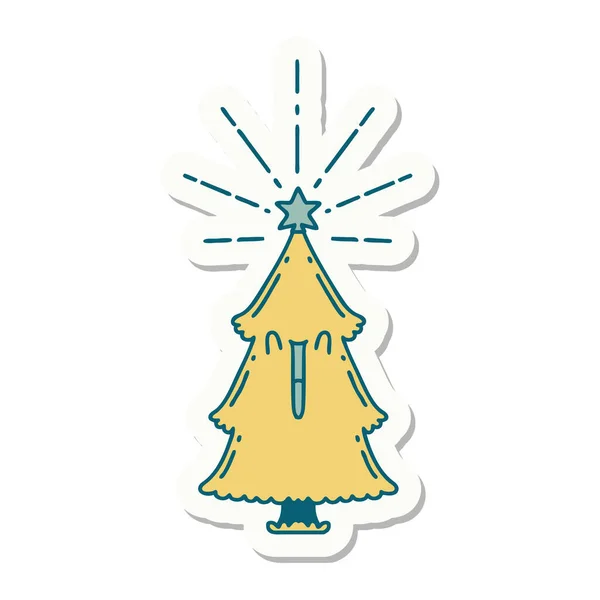 Autocollant Arbre Noël Style Tatouage Avec Étoile — Image vectorielle