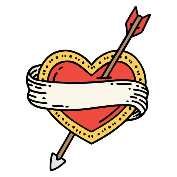 Tatuaje Estilo Tradicional Corazón Flecha Bandera — Vector de stock