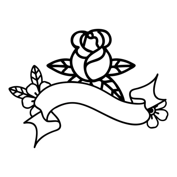 Hagyományos Fekete Vonal Tetoválás Banner Egy Szál Rózsa — Stock Vector