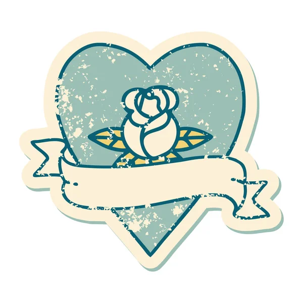 Ikonikus Szomorú Matrica Tetoválás Stílus Kép Egy Szív Rózsa Banner — Stock Vector