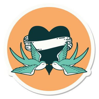 Geleneksel kırlangıç stili dövme çıkartması ve sancaklı bir kalp