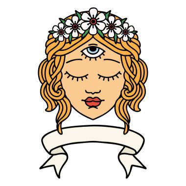 Geleneksel dövmeli, kadın yüzü dövmeli, üçüncü gözlü ve çiçek taçlı.