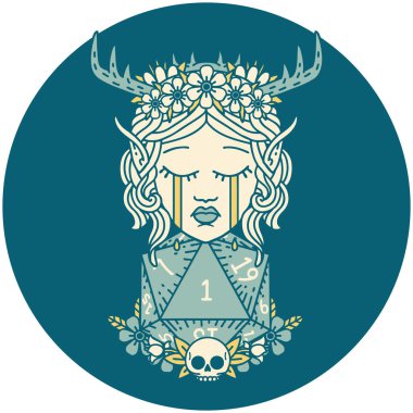 Retro Dövme Tarzı Ağlayan Elf Druid karakteri yüzü ile doğal bir D20 rulo