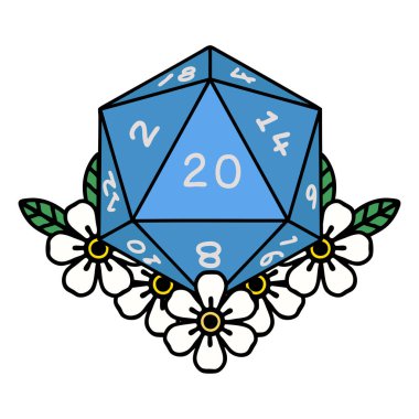 Retro Dövme Biçimi Doğal 20 D20 zarlar Çiçekli elementlerle yuvarlanır