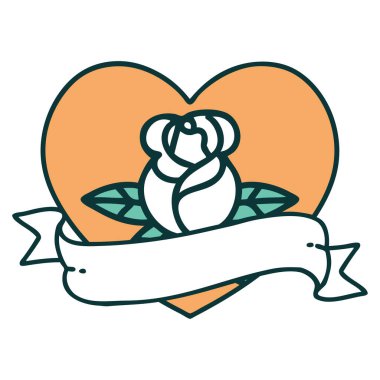 İkonik dövme tarzı bir kalp gülü ve bayrağının görüntüsü 