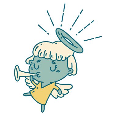 Geleneksel dövme stili trompet üfleyen bir meleğin resmi.