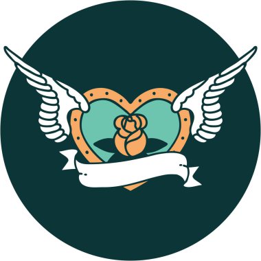 Çiçek ve bayrak taşıyan uçan bir kalbin ikonik dövme görüntüsü