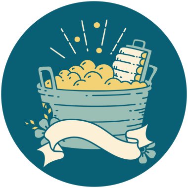 Dövme stili eski bir çamaşır tahtası ve fırçalama kabının simgesi 