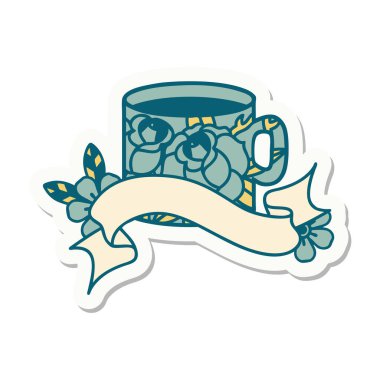 Fincanın ve çiçeklerin bayrağıyla dövme stili çıkartması