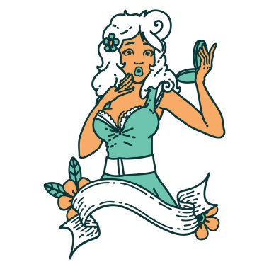 İkonik dövme stili, afişi olan şaşırmış bir kızın resmi.