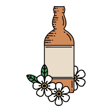 Rom şişesi ve çiçek şeklinde geleneksel bir dövme.