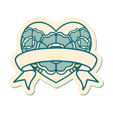 Geleneksel kalp stili dövme çıkartması ve çiçekli pankart.