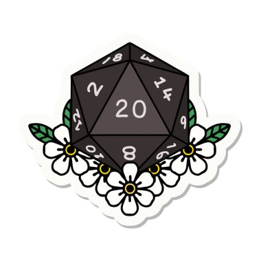 Doğal bir 20 D20 zarının çıkartması. Çiçekli elementlerle birlikte.