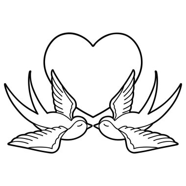 Kırlangıç ve kalp şeklinde siyah çizgili dövme.