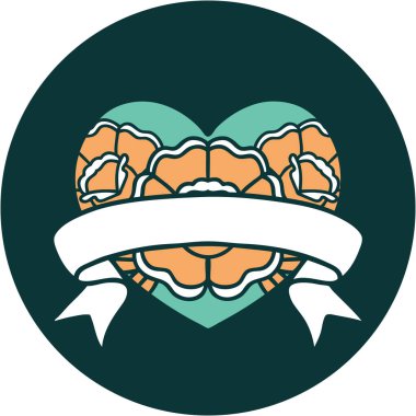 ikonik dövme stili bir kalp ve çiçekli pankart